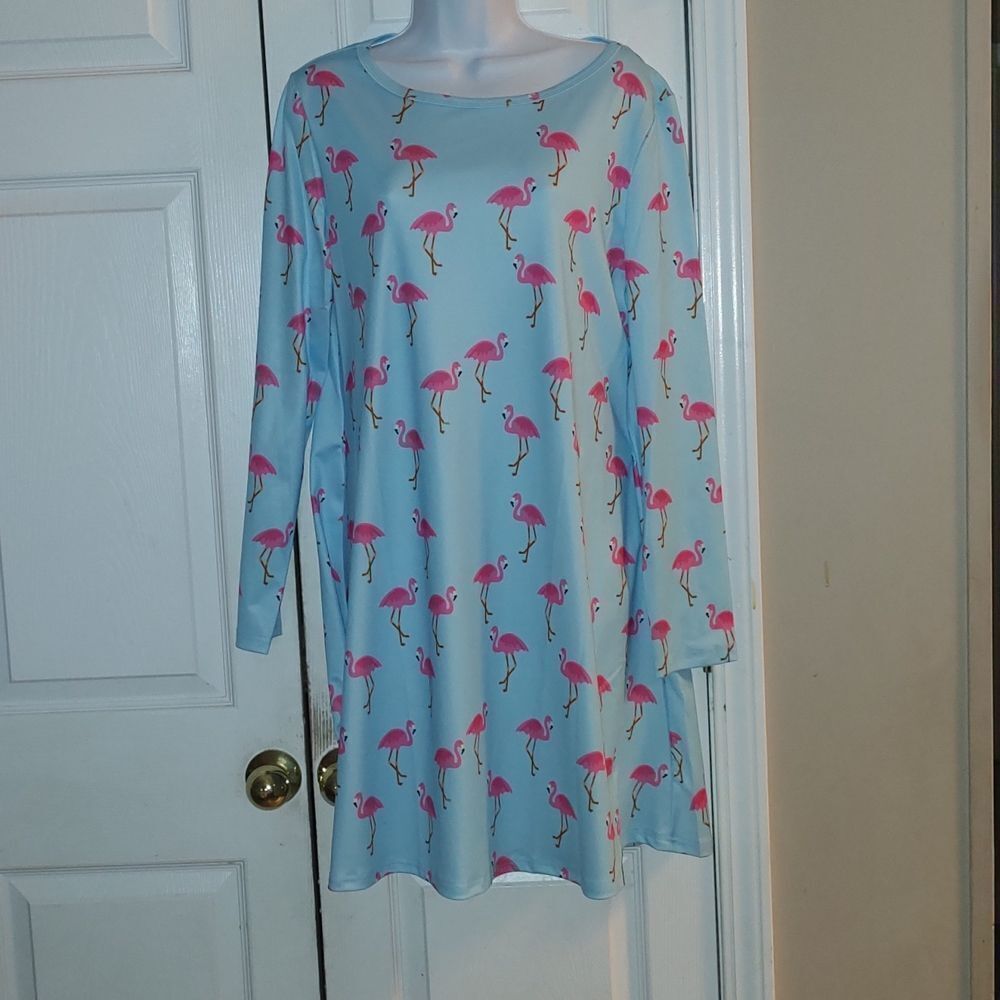 Fancyqube  baby blue long sleeve dress with flamingos  Sz XL NWOT